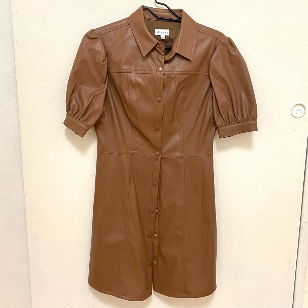 Faux-Leather Puff-Sleeve Button-Down Pleated Dress